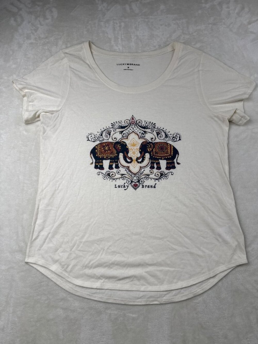Lucky Brand Womens M Ivory Elephant Graphic T-Shirt Soft Lightweight Boho Style
